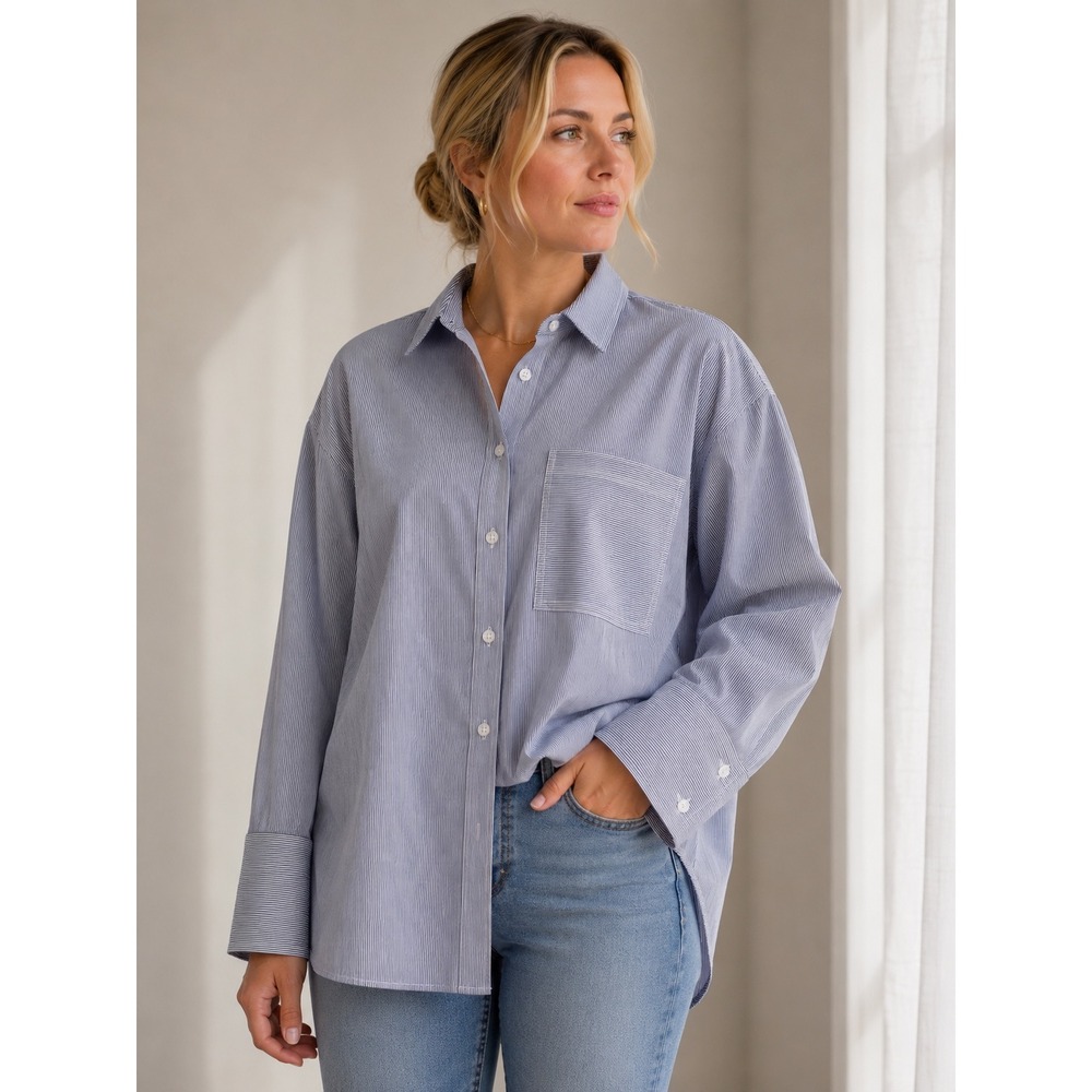 Laundry by Shelli Segal Blue Pinstripe Cotton Oversized Button Down Shirt L